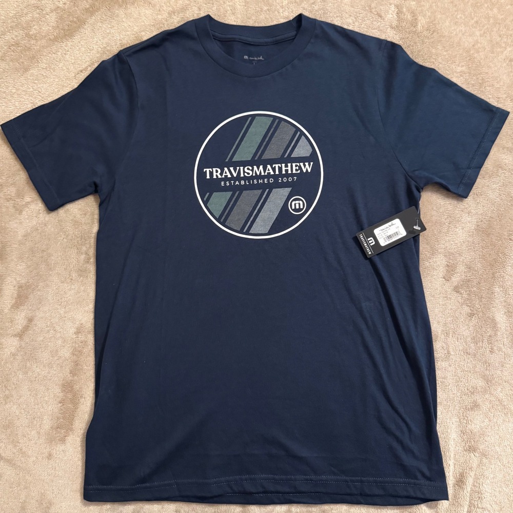 TravisMathew Mens Navy Blue Graphic T-Shirt Cotton Crewneck Large NWT